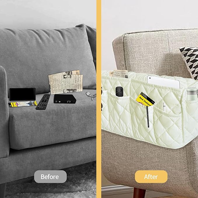 MEHIDFY Armchair Caddy, Waterproof Sofa Armrest Organizer, Non Slip Recliner Organizer, Remote Holder for Recline, Recliner Caddy with 14 Pockets Storage for TV Remote, Phone, Magazine (White)