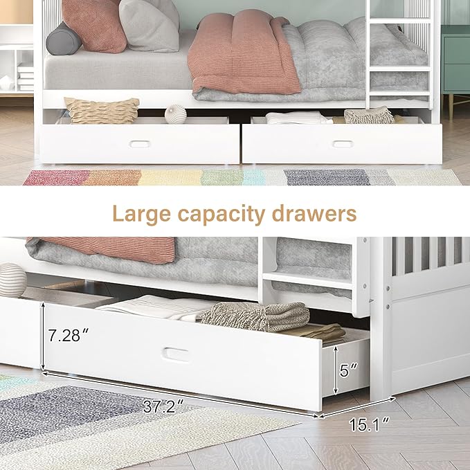 Merax Wood Bunk Bed with Drawers,Convertible Bunk Bed with Ladders and Two Storage Drawers,Solid Wood Detachable Bed Frame with Ladders,Twin Over Twin Size,White