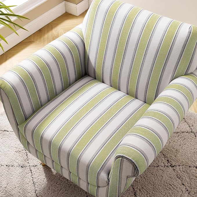 VANOMi Mid-Century Accent Chair with Stripe Pattern, Modern Linen Fabric Armchair with Wood Legs, Club Chair for Living Room, Comfy Upholstered Side Chairs for Bedroom, Reading, Small Place (Green)