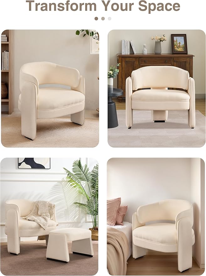 LOULENS Accent Chair with Ottoman, Oversized Barrel Chair, Modern Upholstered Comfy Armchair for Living Room, Bedroom, Reading Room & Corner, Beige