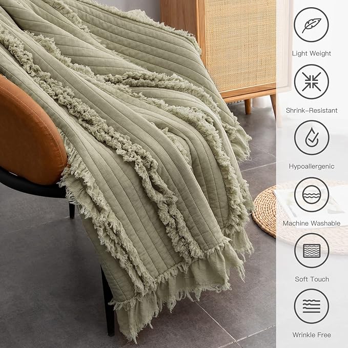 Ultra Soft Pre-Washed Quilted Boho Sage Green Twin Size Blankets for Bed, Olive Green Ruffle Fringed Decorative Throw, Stone Washed Chic Rustic Blanket for Sofa Couch Bed, 60"*80"