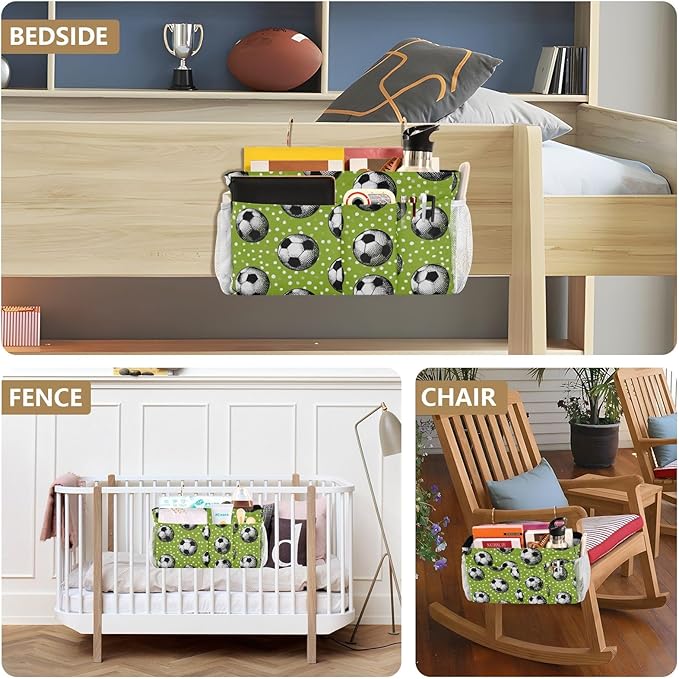 Bedside Caddy Hanging Bunk Bed Caddy Bed Organizer Hanging Pocket with 2 Hooks Bedside Storage Organizer Pocket Bag Holder Deep Green Soccer Balls Dots