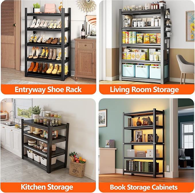 Storage Shelves, Garage Metal Shelving Unit, Adjustable, Double-Layer Column with Reinforced Ribs, Heavy-Duty, Capable of Bearing 600-3600 lbs (Black, 47''W*24''D*54''H, 4-Tier)
