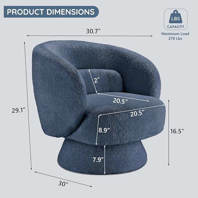 Swivel Accent Chair, Modern 360 Degree Swivel Barrel Chair with Arms & Curved Back and Lumbar Support Cushion, Comfy Round Single Boucle Sofa for Small Space, Living Room, Bedroom, Blue