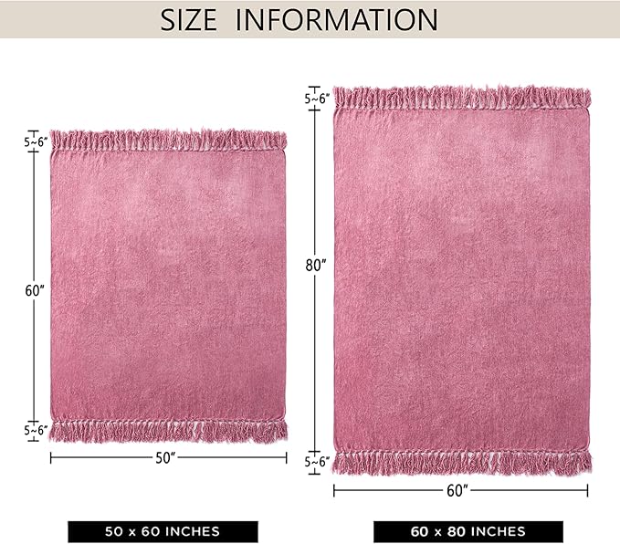 Chenille Throw Blanket for Couch 60"X 80" Twin, Soft Cozy Throws with Fringe Tassel for Bed Sofa Chair Cover, Lightweight Knitted Decorative Boho Blankets for Living Room, Rose Pink