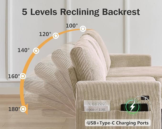 Vipbear 80" Sectional Sleeper Sofa Bed with Pull Out Bed, L Shaped Couch Pull Out Couch with Reclining Backrest, Reversible Storage Chaise, USB Ports, Tool-Free Assembly, Corduroy Beige Color