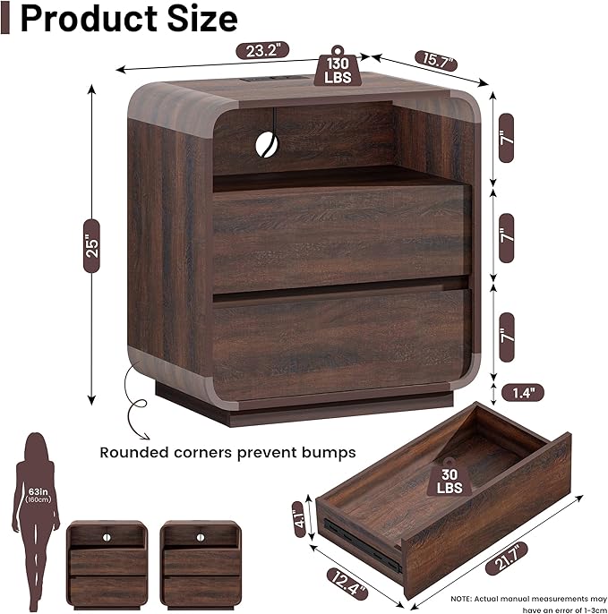 Walnut Curved Nightstand Set of 2 with Charging Station, 23.2" Wide Wood Bedside Table 2 Storage Drawers, Modern Side Table Handleless, Large End Table Night Stand for Bedroom