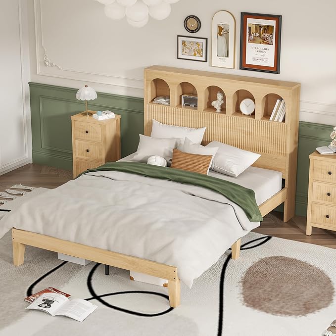 Queen Bed Frame, Storage Headboard with 5 Arched Storage Compartments, 12.4 Inch Farmhouse Wooden Queen Bed Frame, No Box Spring Needed, No Noise (Wood Color)