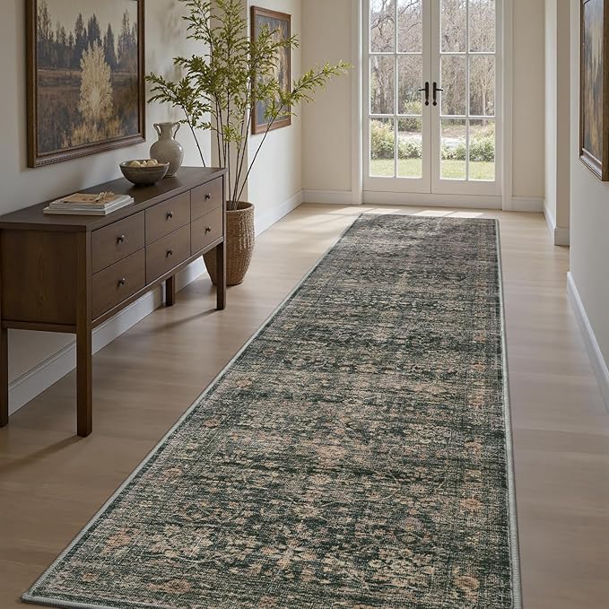 MontVoo-Vintage 2x10 Runner Rug-Soft Green Washable Runners for Hallways-Non Slip Bedside Rugs for Bedroom-Machine Washable Long Rug for Hallways Entryway Laundry Room Stair Kitchen Bathroom