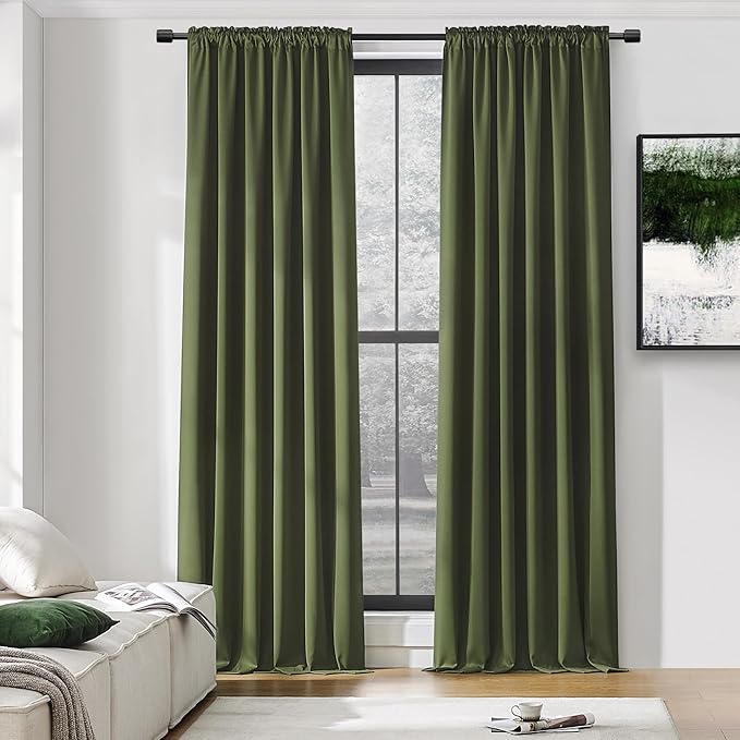 DONREN 108 inch Extra Length Blackout Curtains for Villa Bedroom, Dark Green Room Darkening Thermal Insulated Window Panels for Patio (52" Wide x 108" Long,Olive,2 Pieces)