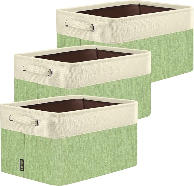 BALEINE 3 Pack Fabric Storage Bins for Shelves, Linen Storage Baskets for Organizing, Decorative Closet Bins for Clothes, Home (Green, 14''x10''x8.5'')
