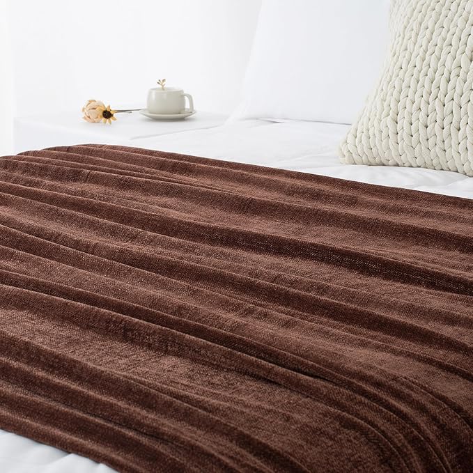 Chenille Throw Blanket for Couch 50"X 60", Soft Cozy Throws with Fringe Tassel for Bed Sofa Chair Cover, Lightweight Knitted Decorative Boho Blankets for Living Room, Dark Brown