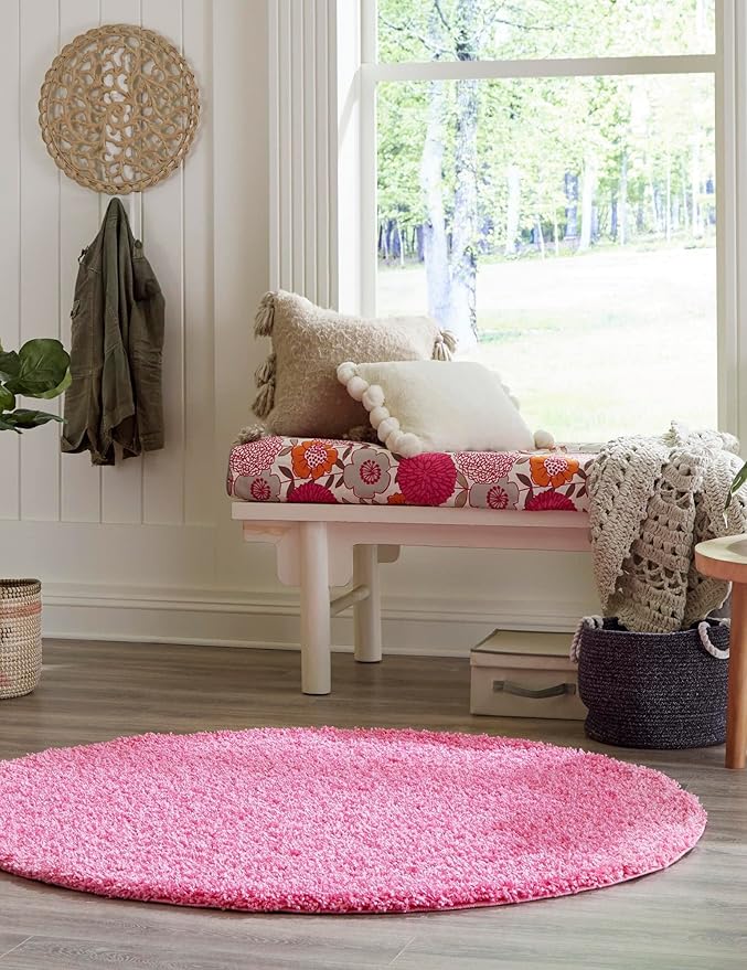 Unique Loom Solid Shag Collection Area Rug (3' 3" Round, Taffy Pink)