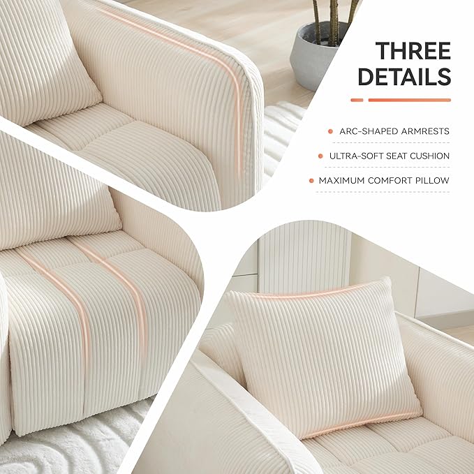 Oversized Boneless Corduroy Accent Chair, Comfy Deep Seat Armchair for Bedroom, Modern Upholstered Living Room Sofa Chair with Pillow, No Assembly, White