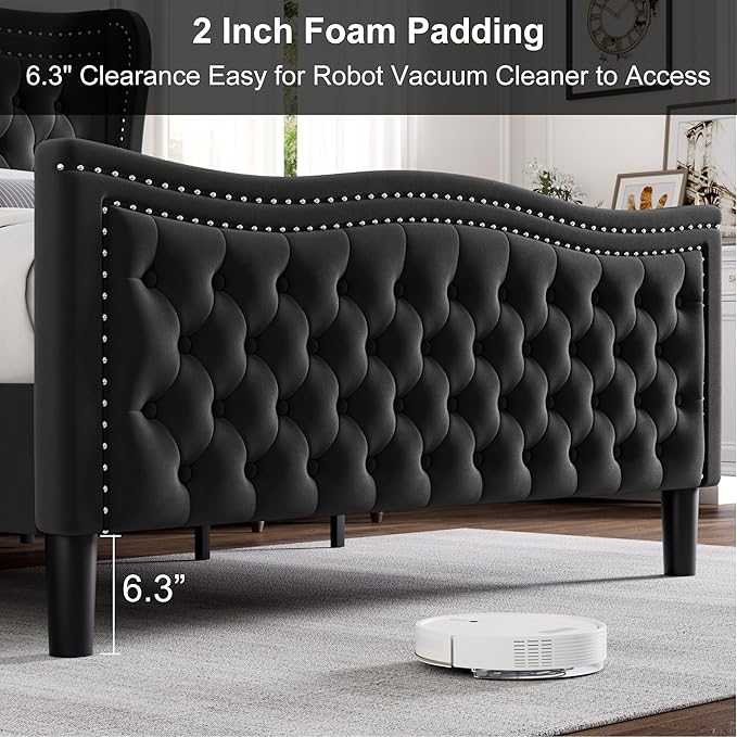 King Bed Frame with Tall Headboard & Footboard, Velvet Upholstered Platform Bed Frame with Deep Button Tufted Wingback, No Box Spring Needed, Noise Free, Black