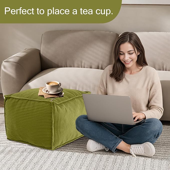 MeMoreCool Stuffed Pouf Ottoman Foot Rest Square, Corduroy Floor Pouf Foot Stool with Foam Chunk Filling, Soft Stuffed Ottoman Footrest for Living Room, Green