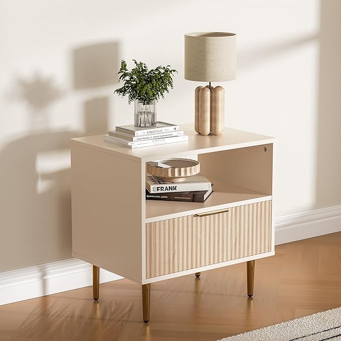 Nightstand with Drawer, End Table with Storage, Side Table with Open Space, Bed Side Table for Bedroom, Modern Nightstand with Golden Handle for Bedroom, Living Room, Oak