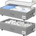 Under Bed Storage with Wheels, 2-Pack 6.7" Height XL 50L Rolling Storage Bins, Quick Assembly Underbed Shoe Storage Containers with Clear Lid & Label, Dorm Under bed Drawers for Clothes, Shoes, Grey