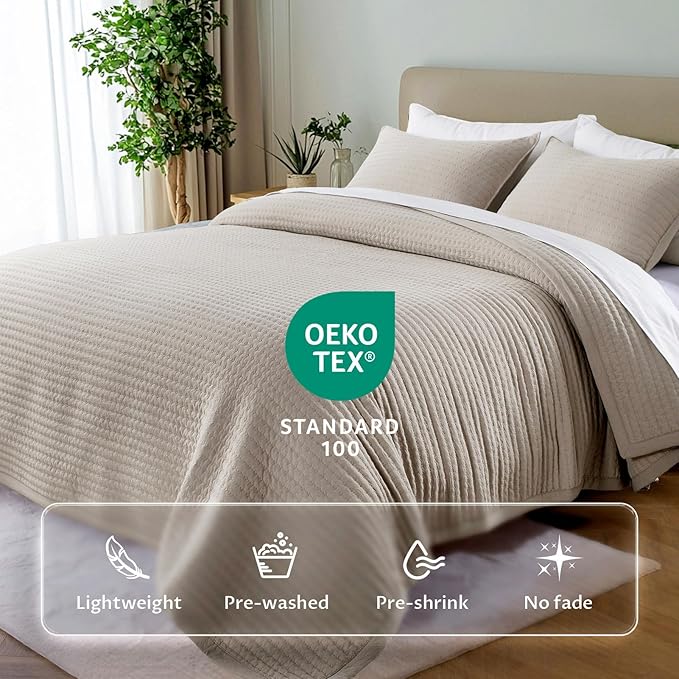 KASENTEX King XL Quilt Set 108"x98" – Soft Washed 3-Layer Lightweight Bedspread, Minimalist Nordic Design, All-Season Spring & Summer Quilt Set (1 Quilt + 2 Pillow Shams),Light Taupe