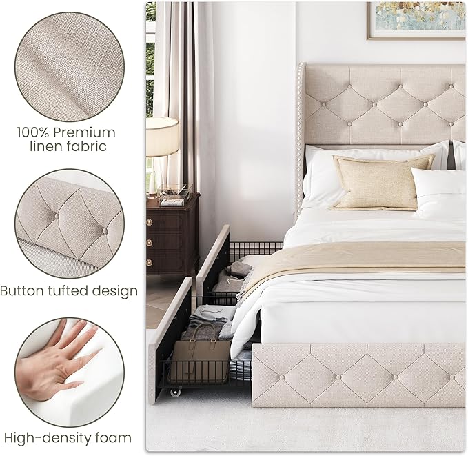 LARMACE Full Size Bed Frame with 4 Storage Drawers and Wingback Headboard Linen Upholstered Platform Bed Frame Tufted Beds with Wooden Slats Support, Easy Assembly, Beige