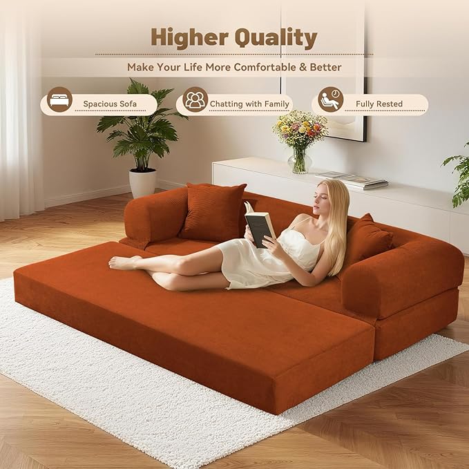 Convertible Sleeper Sofa Bed,80" Futon Sofa Bed Queen with Storage,Corduroy Pull Out Couch with Bed,Boneless Couches for Living Room,Compressed Couch in a Box,Orange