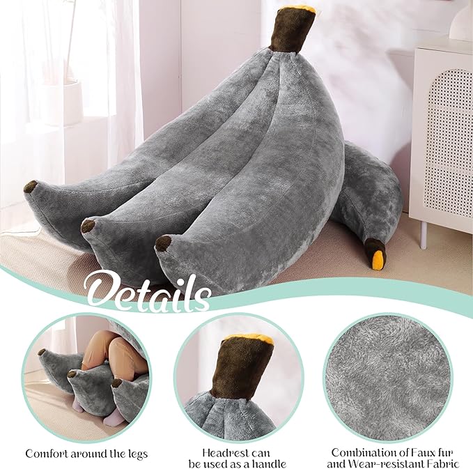 Banana Bean Bag Chair with Ottoman, Floor Sofa Bed with Footrest, Comfy Convertible Lounger for Teens & Adults, Plush Couch for Bedroom, Living Room or Dorm, M-Grey