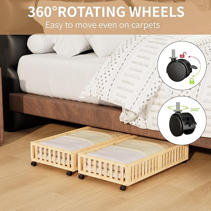 Bamboo Under Bed Storage with Wheels,Rolling Underbed Shoe Organizer Box for Shoes,Blankets,Toys,Clothes Container Space-Saving Bins for Bedroom,Closet,Dorm,Nursery