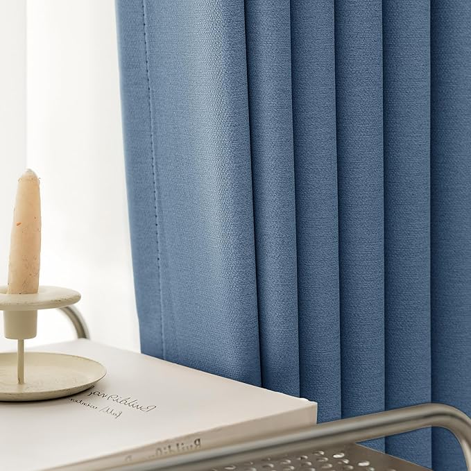 100% Blackout Curtains Thick Soft Curtain 2 Panels for Bedroom, Linen-Look Textured Full Light Blocking Room Darkening Thermal Insulated Drapes for Bathroom/Kitchen Windows (W52xL45, Blue)