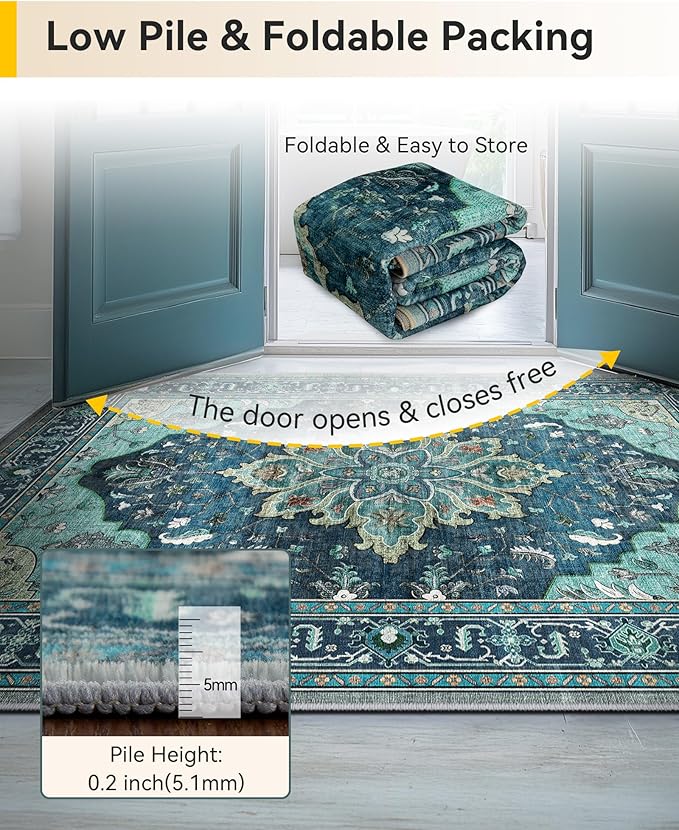 Area Rugs 2'6''x12' Washable Non-Slip, Floral Vintage Distress Print Pattern Medallion Carpet for Living Room Bedroom Dining Room, Teal Green Lake Blue Turquoise