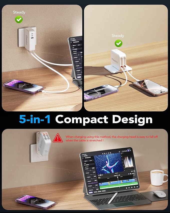 65W for MacBook Pro Charger,5-in-1 Retractable Wall Charger Plug for iPhone 17, 3.94 ft PD USB C&Lightening Cable&3 Ports, Fast Charging Block for Mac Book Pro/Air, M1 M2 M3 M4, iPad Pro,Galaxy,Pixel