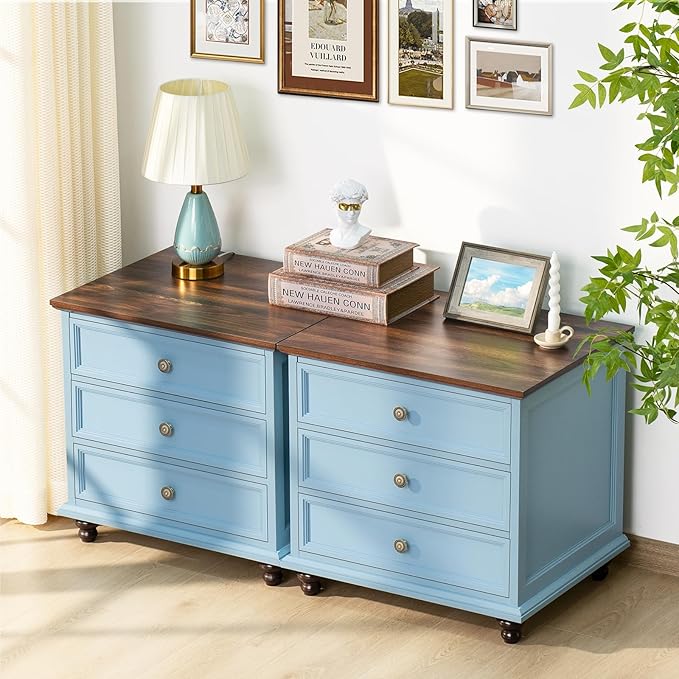 24" Wide Farmhouse Night Stand Set of 2,Large End Table with 3 Drawers & Metal Handle,Wood Dresser for Bedroom Cabinet,Light Blue Bed Side Table Chest of Drawers,Nightstand for Living Room