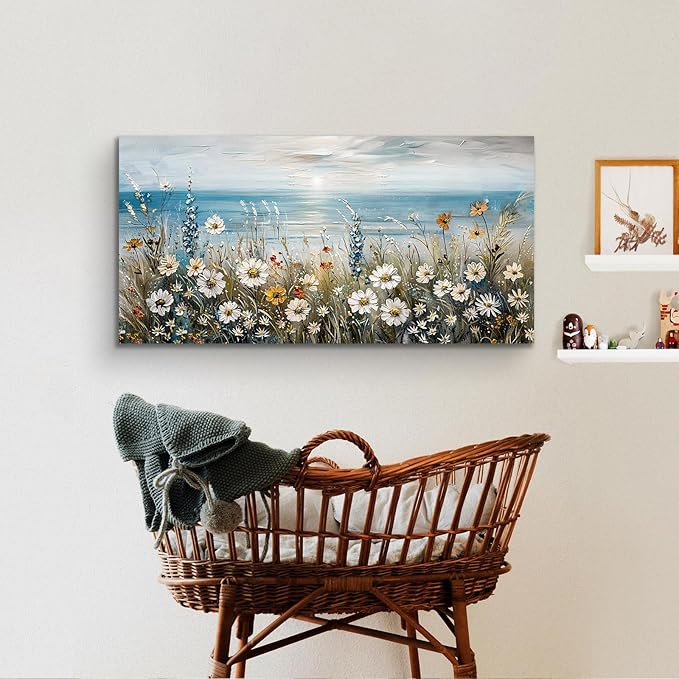 SERIMINO Large Wall Art for Living Room, Coastal Landscape Wall Decor, Beach Daisy Canvas Prints Farmhouse Decor, Wildflowers Bathroom Pictures Home Decor Aesthetic, Dining Room Kitchen Artwork 24"X48"