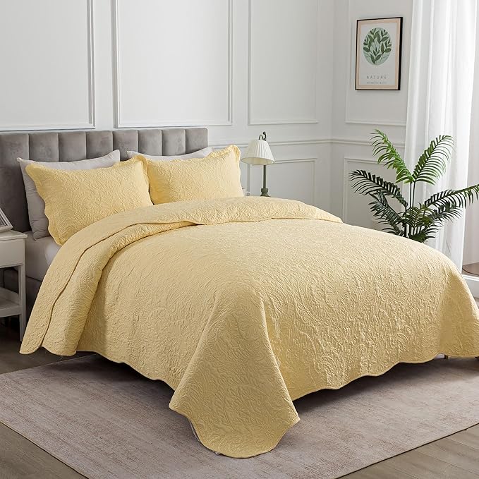 HoneiLife King Size Quilt Sets - 3 Piece Microfiber Quilt Set Lightweight Bedspreads Reversible Coverlets Rustic Bed Cover King Quilt Bedding Set All Season Quilts-Yellow