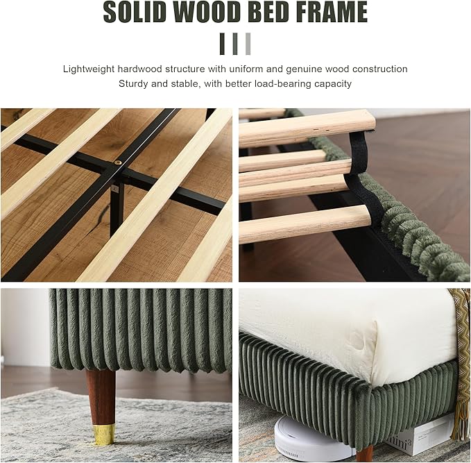 PINJU Full Size Bed Frame, Upholstered Platform Bed with Modern Vertical Striped Wingback Headboard with Wooden Slats, Easy to Assemble No Noise Free (Green, Full)