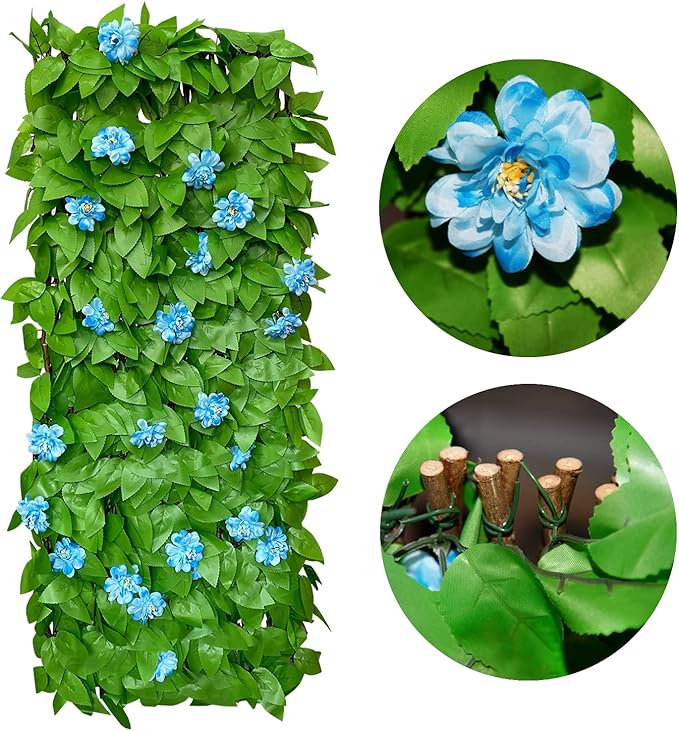 GLANT Expandable Fence Privacy Screen for Balcony Patio Outdoor,Decorative Faux Ivy Fencing Panel,Artificial Hedges (Single Sided Leaves) (4, Blue Flowers)