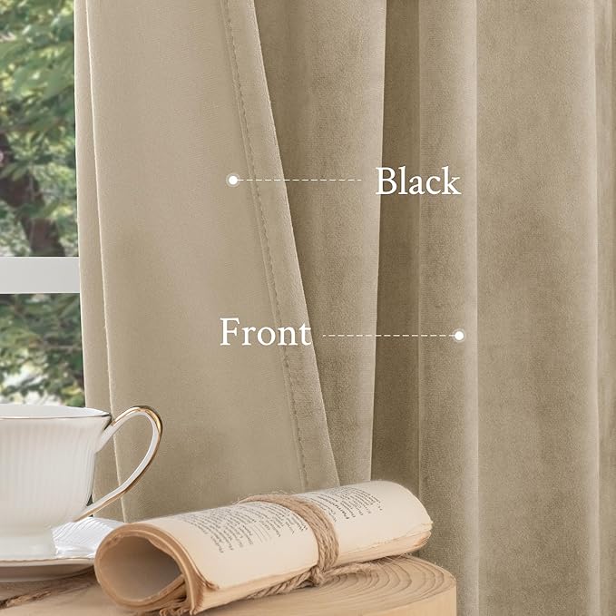 LAMIT Taupe Velvet Curtains 108 Inch for Living Room, Thick Thermal Insulated Room Darkening Drapes Super Soft Elegant Back Tab and Rod Pocket Panels for Sliding Glass Door, 2 Panels, 52 x 108 Inch