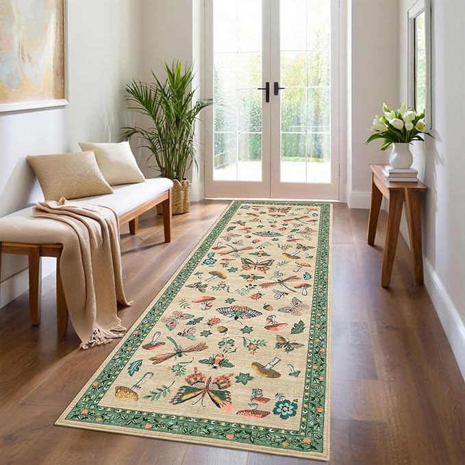 Mushroom Insect 2x6 Runner Rug for Hallway Washable Kitchen Rugs Non Slip with Rubber Back Khaki Green Low-Pile Stain Resistant Indoor Carpet for Entryway Bathroom Laundry Dorm
