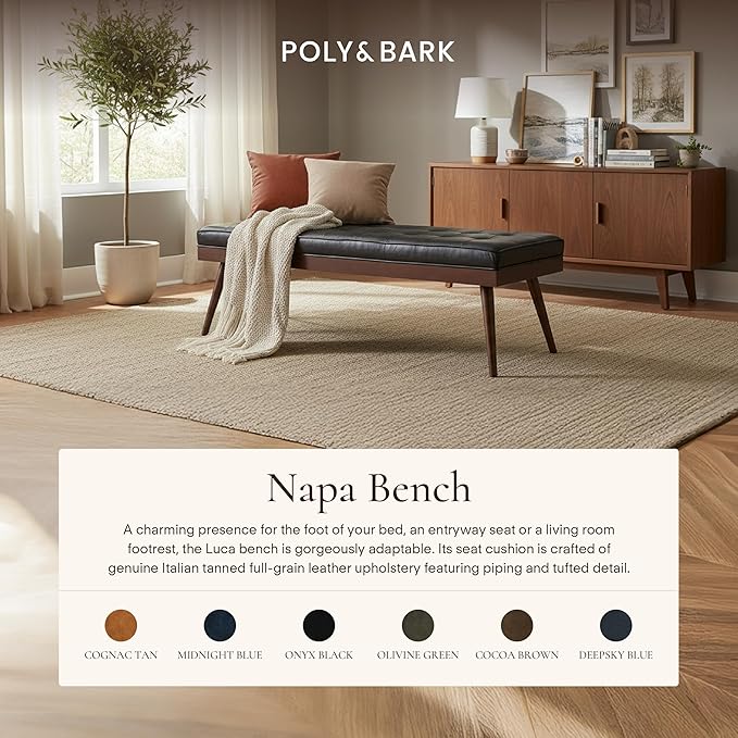 Poly & BARK 55" Tufted Leather Bed Bench for Bedroom End of Bed - Living Room Entry Way Bench - Pure Italian Leather Upholstery with a Solid Wood Frame - Ottoman Bench with Wooden Legs - Onyx Black