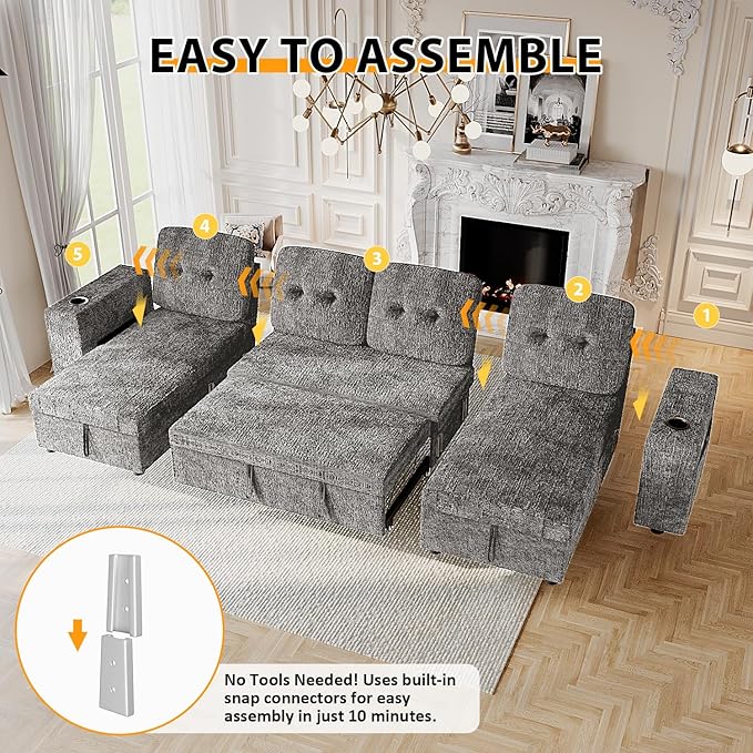 117" Sleeper Sofa Bed, U-Shaped Sofa with Dual Reversible Storage Chaise | Adjustable Backrest | Wide Armrest, Sectional Couches for Living Room, 4 in 1 Pull Out Couch Bed, Grey Chenille