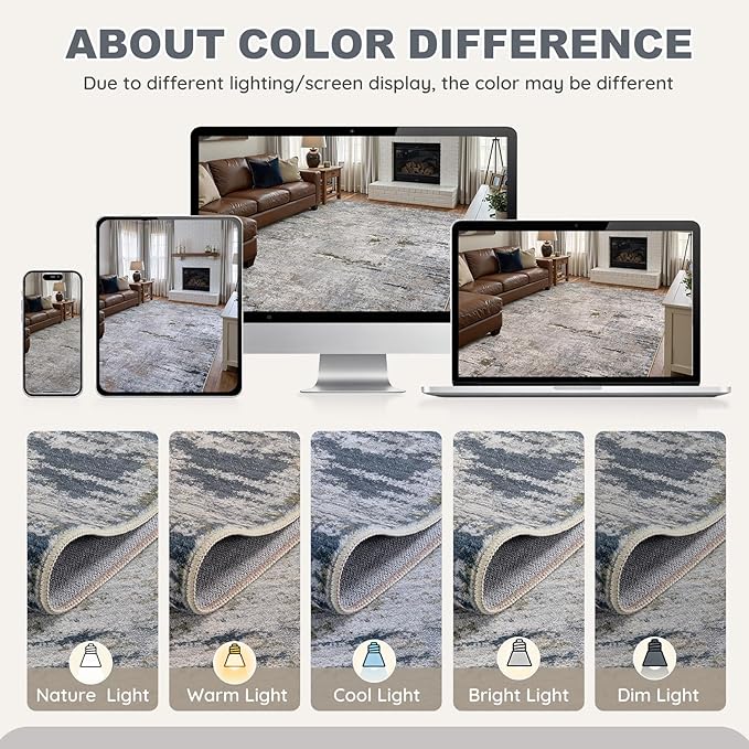 Area Rug Living Room Rugs - 10x14 Washable Large Soft Indoor Neutral Modern Abstract Low Pile Rug Carpet for Bedroom Dining Room Farmhouse Home Office - Blue/Grey/Brown