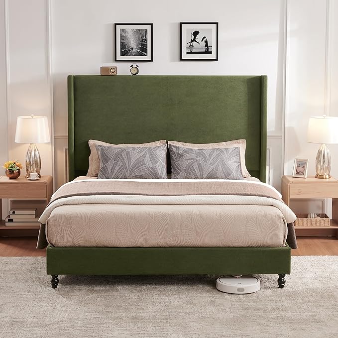 King Bed Frame with 65" Tall Headboard, Horizontal Fine Corduroy Bed Frame with Wingback, Upholstered Platform Bed, Vintage Solid Wood Gourd Legs, No Box Spring Needed, Green