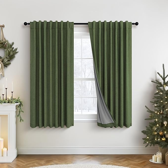 Pitalk Olive Green Blackout Curtains 63 Inch Length 2 Panel for Boys Bedroom Kids Nursery Decorative Linen Room Darkening Grass Forest Green Curtains Sound Draft Cold Heat Light Blocking Retro Vintage