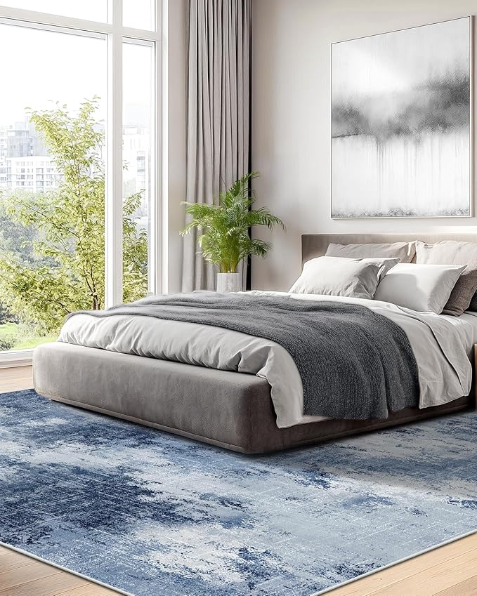 AMADA HOMEFURNISHING 8x10 Area Rugs for Living Room, Modern Washable Rug with Non-Slip Backing & Low Pile, Large Rug with Abstract Pattern for Bedroom, Dinning Room,Home Office, Dark Blue
