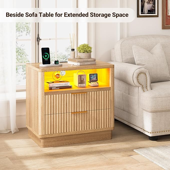 ELYKEN Wood Fluted Nightstand with Charging Station & LED Light, 24" Wide Night Stand for Bedroom, LED 2 Drawer Bedside Table with Power Outlet