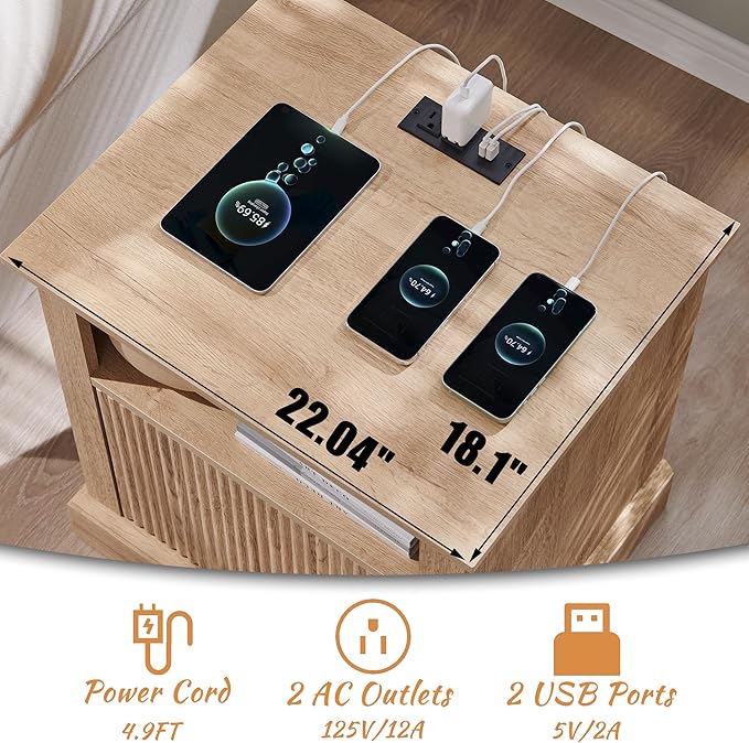 22" Large Fluted Nightstand with Charging Station, Modern End Table, Wood Side Table w/Open Shelf & Spacious Tabletop, Bedside Table with Storage Space for Bedroom, Living Room-Natural