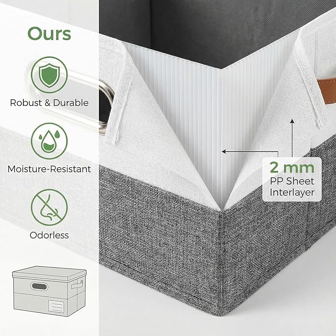 PRANDOM Storage Boxes with Lids [3-Pack] Linen Fabric Foldable Storage Bins Organizer Containers Baskets Cube with Cover for Closet Office Nursery Grey&White（11.4X8.6X6.7