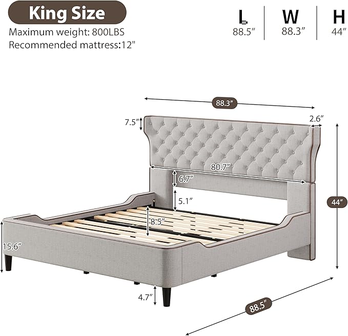 Christopher Knight Home Salus Linen Upholstered King Size Bed Frame with Headboard, Modern King Bed Frame and Headboard, Wooden Slats Support, Easy Assembly, No Box Spring Needed, Grey