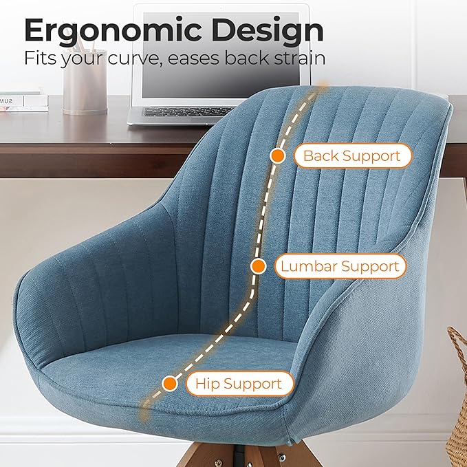 Zouron Mid Century Modern Swivel Accent Chair, Vanity Chair with Wooden Legs, Upholstered Arm Chair No Wheels, Accent Side Chair for Small Space Home Office Living Room Bedroom, Azure