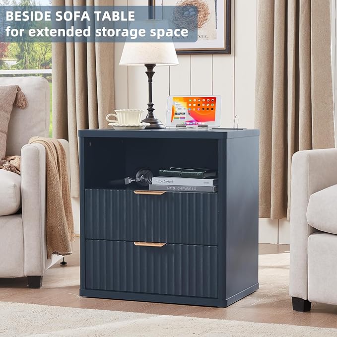 LEYAOYAO Fluted Nightstand with Charging Station, 23" Modern Night Stand with Woodgrain Top, 2 Drawers End Table w/Storage, Bedside Tables for Bedroom, Living Room, Curved Profile Design, Blue