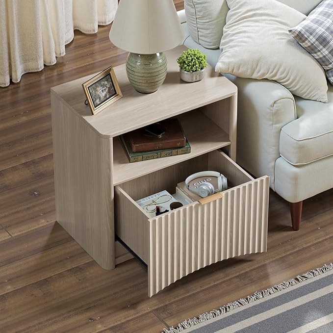 Evermagin Fluted Nightstand Set of 2, Bedside Table with Drawer and Storage, Wood End Table Mid Century Modern, Large Night Stand for Bedroom, White Alder